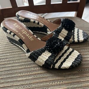 Kate Spade Black and Cream Woven Wedges Pom Pom